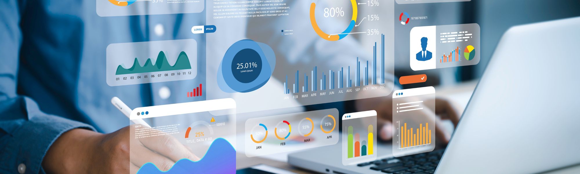 Graphs and data on a virtual dashboard for business analytics.