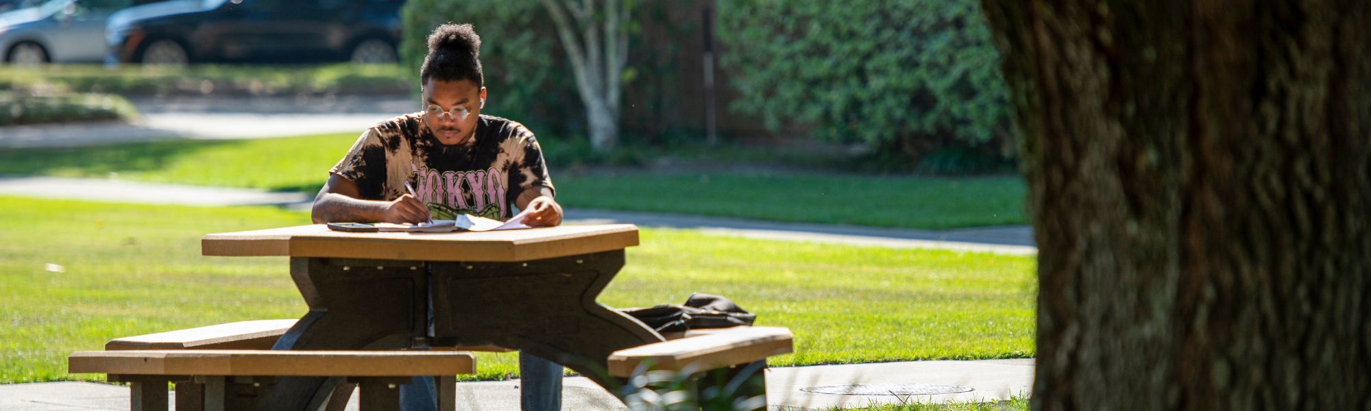 Male student studying at a picnic bench on campus.