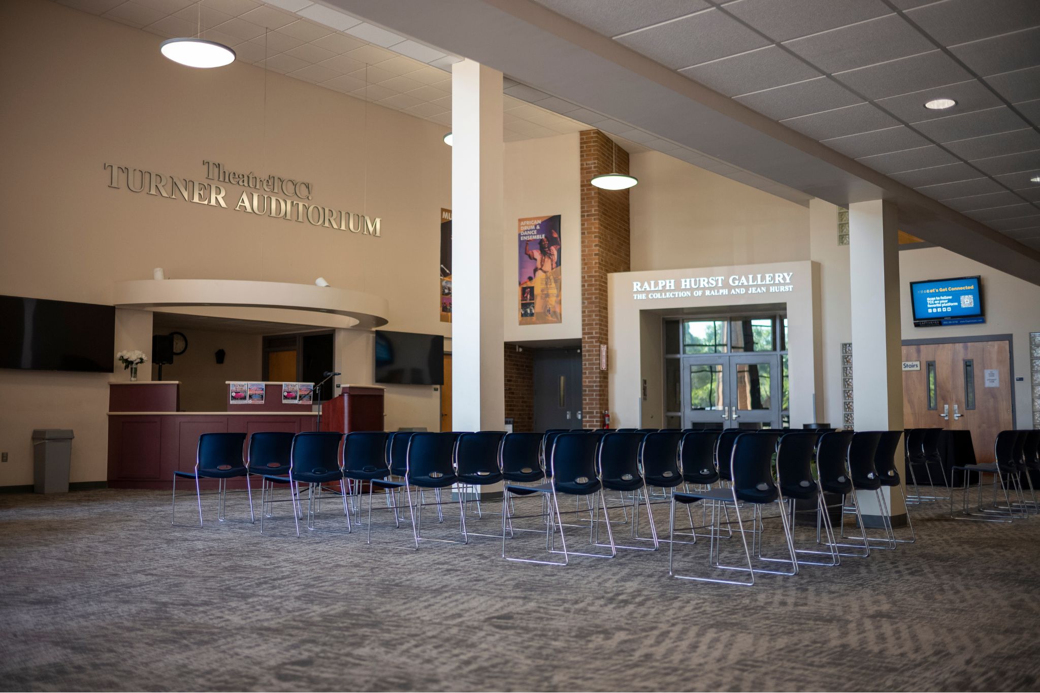 Seating for an event set up in FPAC lobby.